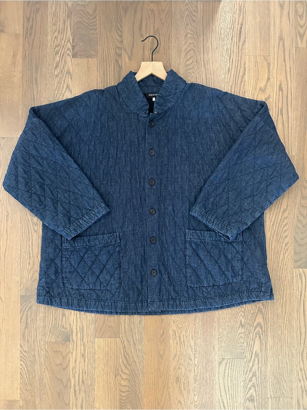 Eskandar Denim Cotton Quilted Imperial Collar Oversized Jacket Dark Blue 1 / M